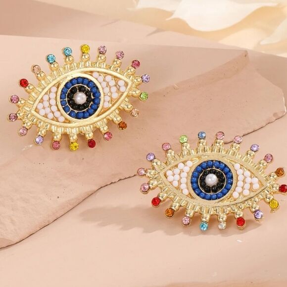 Gold Evil Eye Earrings Multicolored - Picture 1 of 4